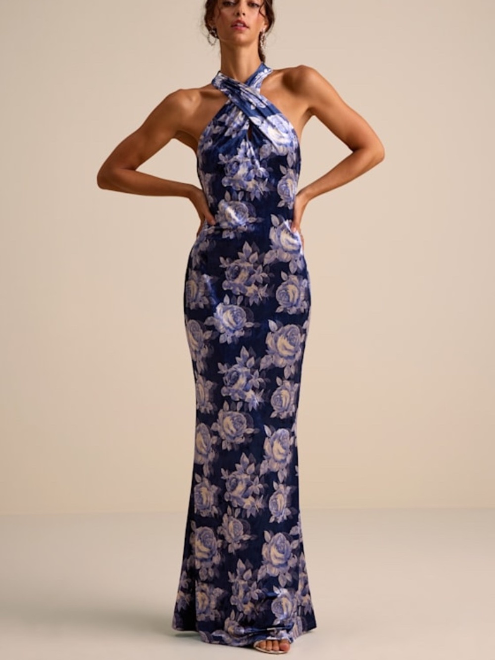 Lulus Celestara Navy Floral Velvet Backless Mermaid Maxi Dress Blue - Size XS
